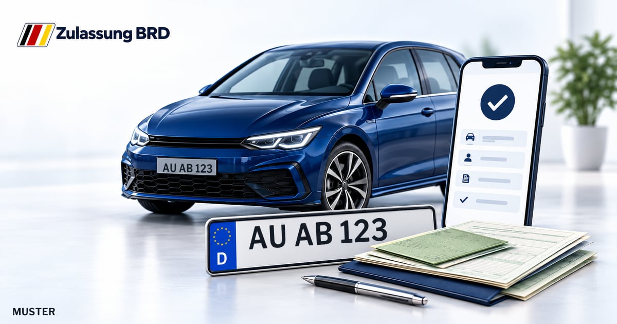 Online Fahrzeugzulassung in Zwönitz: Musterkennzeichen AU AB 123, Auto und Fahrzeugpapiere und Smartphone. Illustration mit Logo von Zulassung BRD.